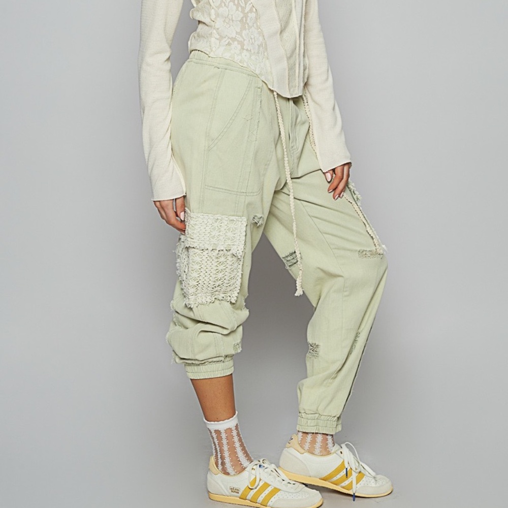 New POL Clothing Denim Lace Joggers Women's Distressed Relaxed GreenTwill Pants - Picture 5 of 12